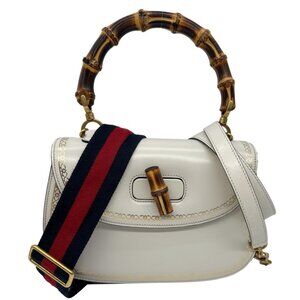 Gucci  Bamboo Web Medium Printed Leather Top Handle Shoulder Bag Off White